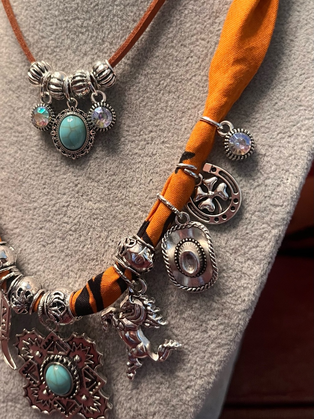 Turquoise Pendant Layered Necklace - Terracotta Silver Charm Statement - Picture 5 of 7